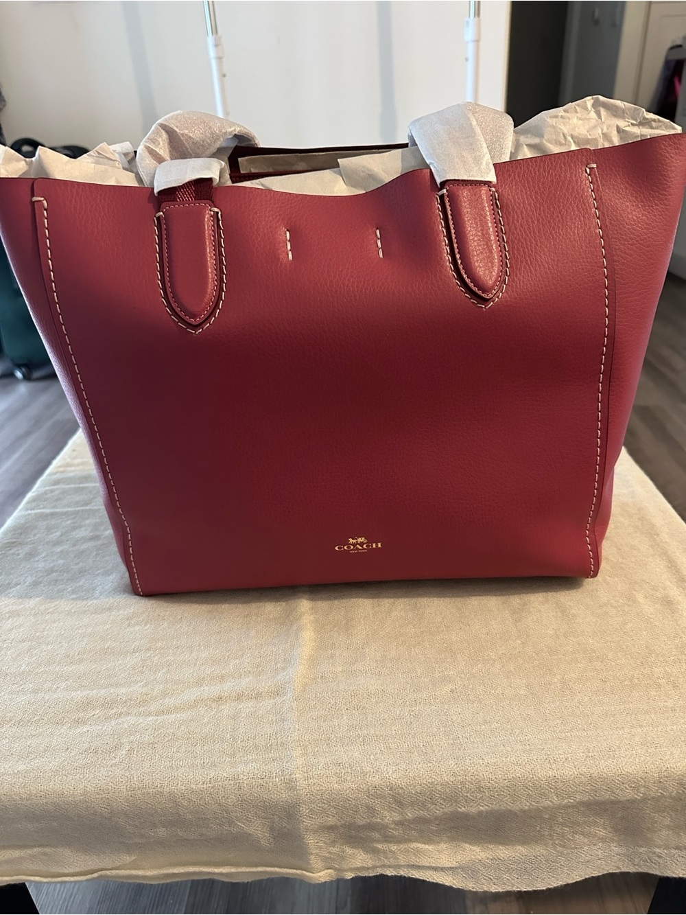 Coach Cranberry Leather Tote with Gold Logo